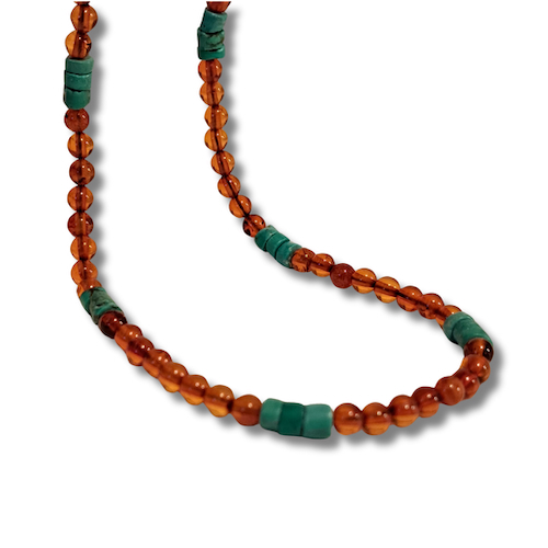 Click to view detail for HW-4002 Necklace, Beads, Single Strand, Round Amber & TQ $90